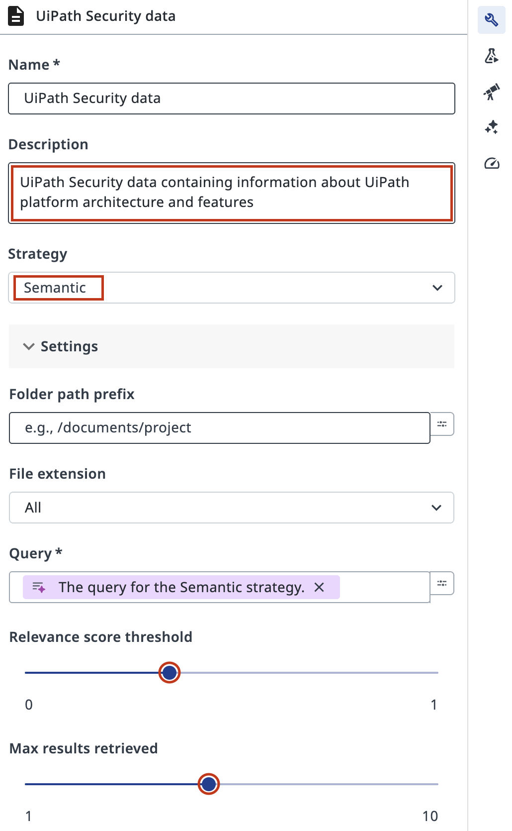 Index configuration form showing all retrieval settings