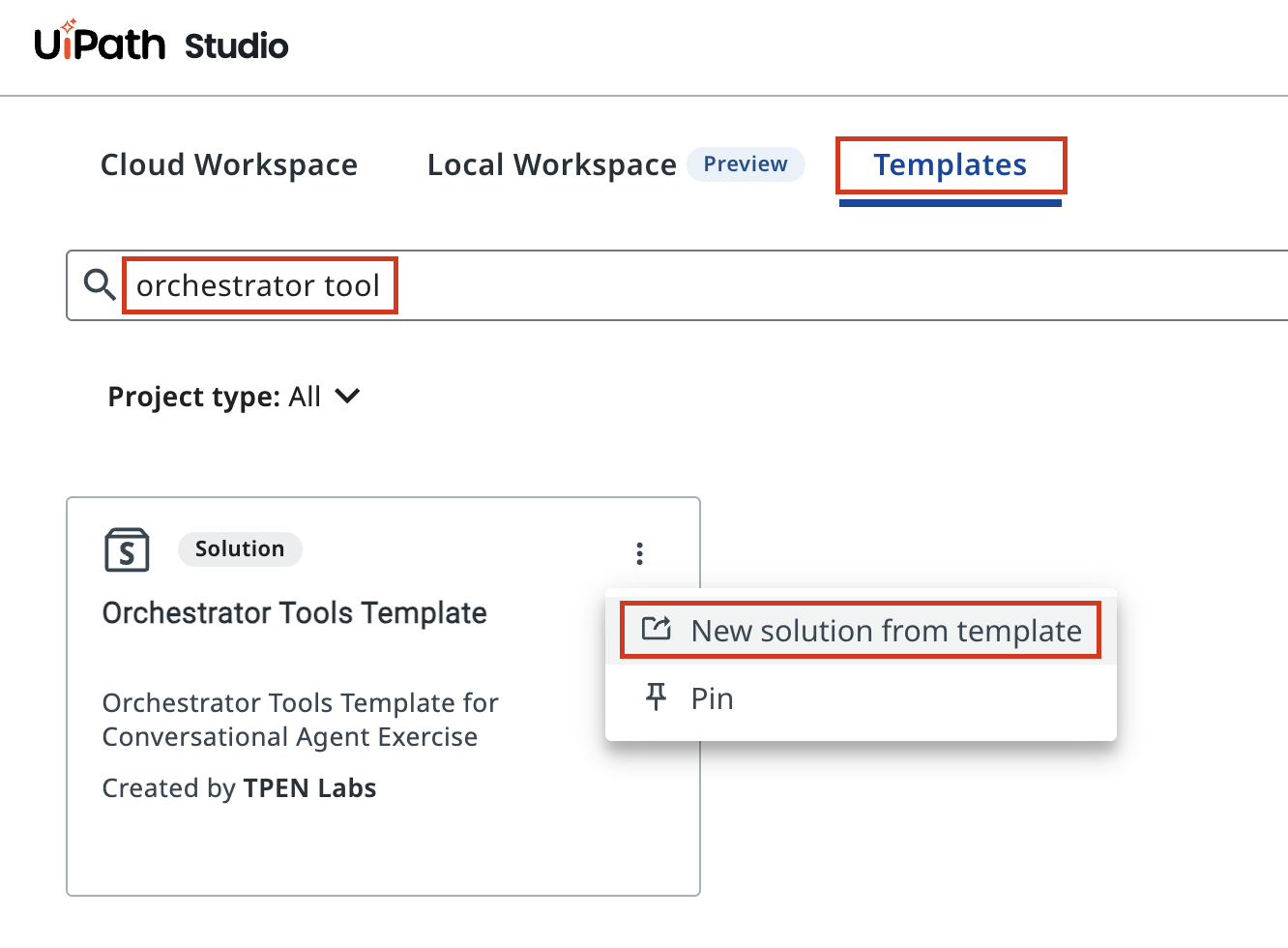 Studio Web Templates tab with Orchestrator Tools Template highlighted