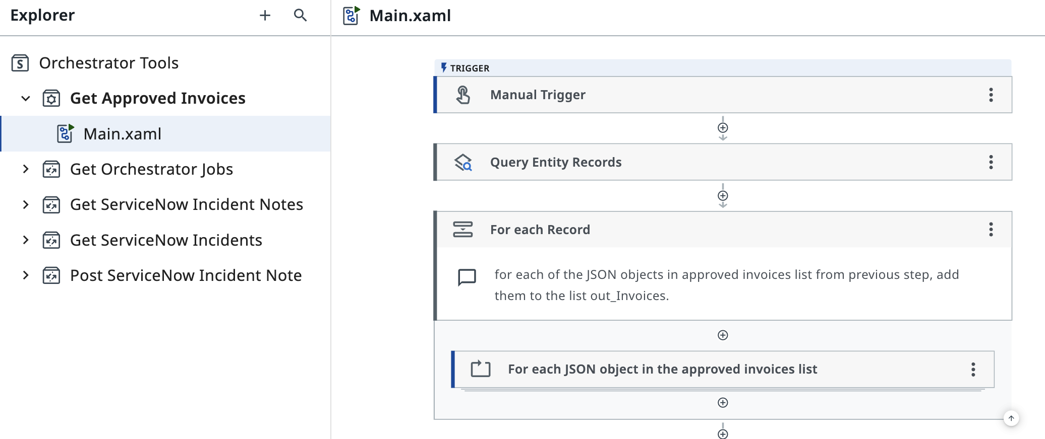 Tool workflow showing Assign, Search, HTTP Request, and Response steps