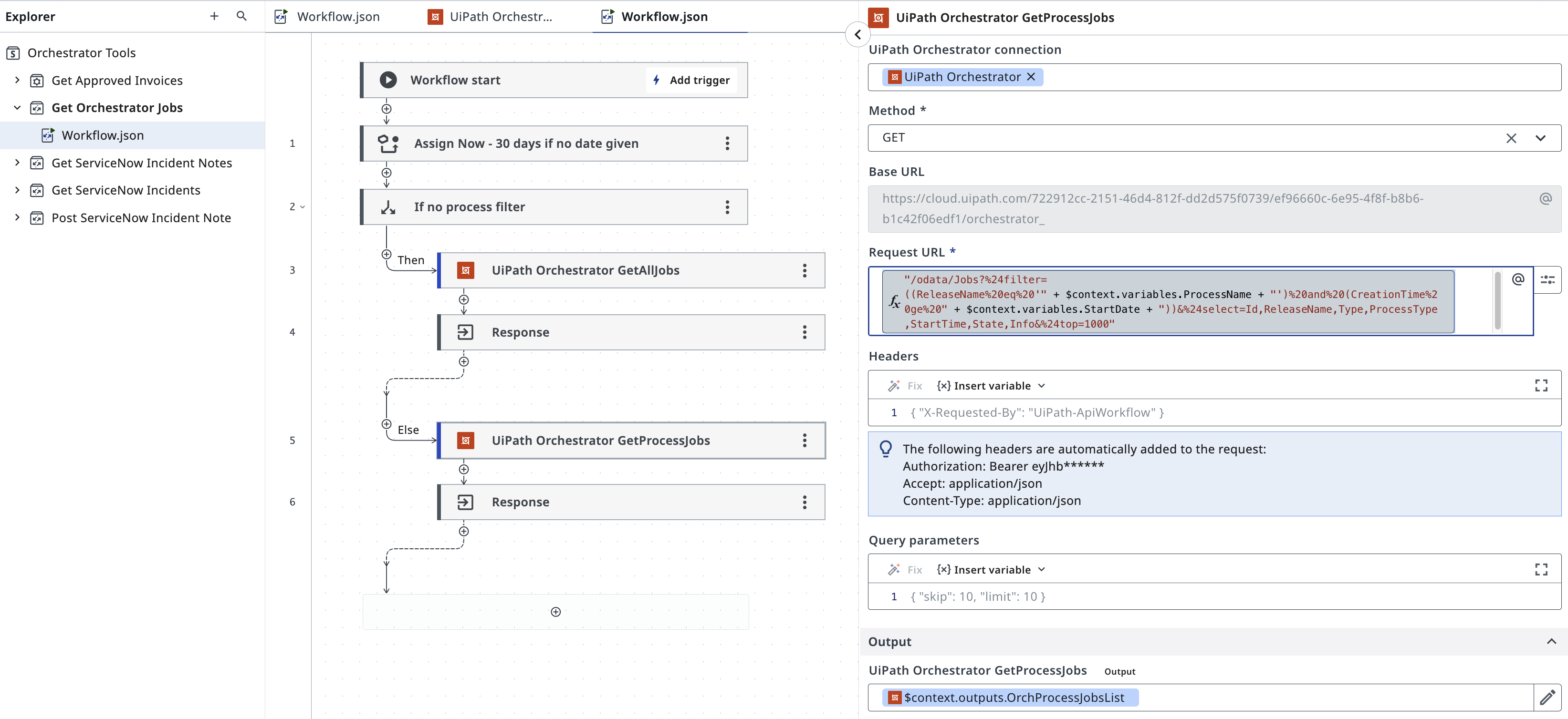 Get Orchestrator Jobs workflow showing Orchestrator API connection and request URL