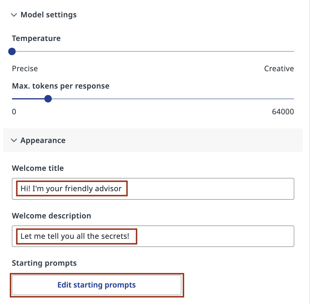 Agent appearance settings showing welcome title, description, and Edit starting prompts button