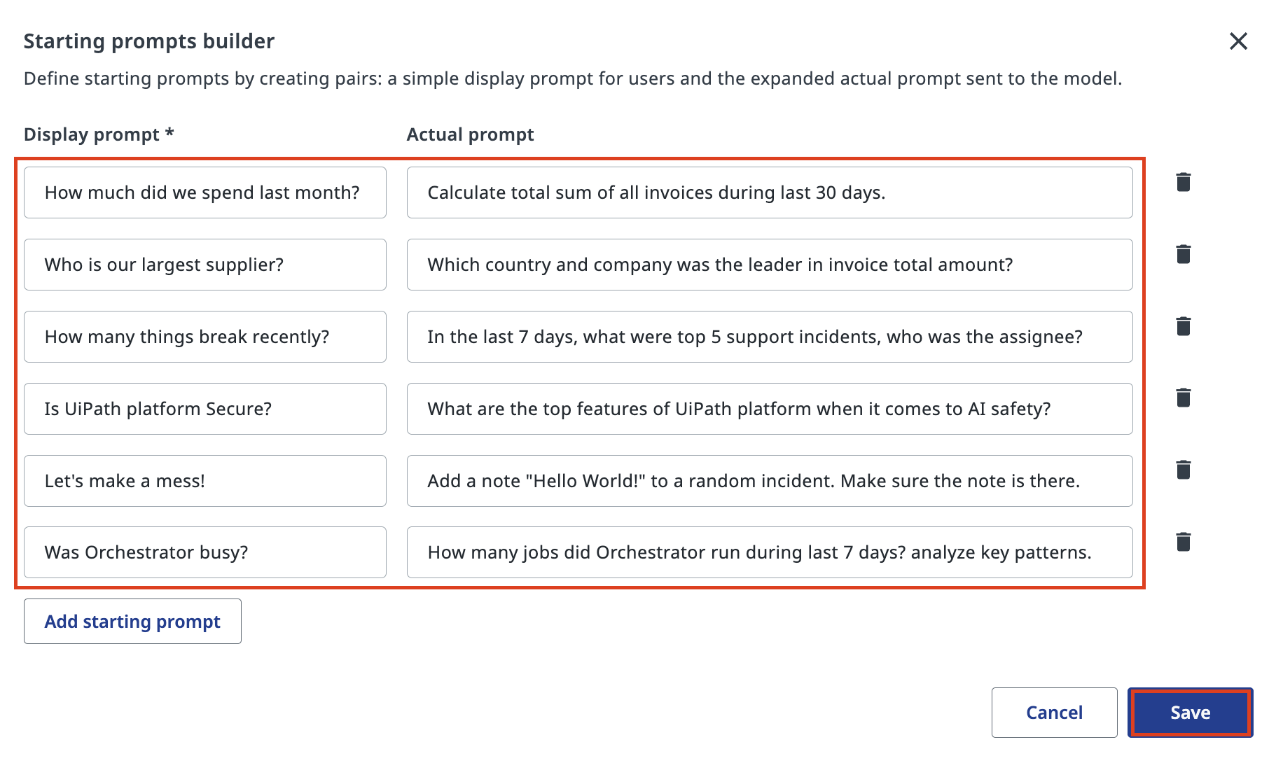 Starting prompts builder showing six predefined prompt pairs ready to save