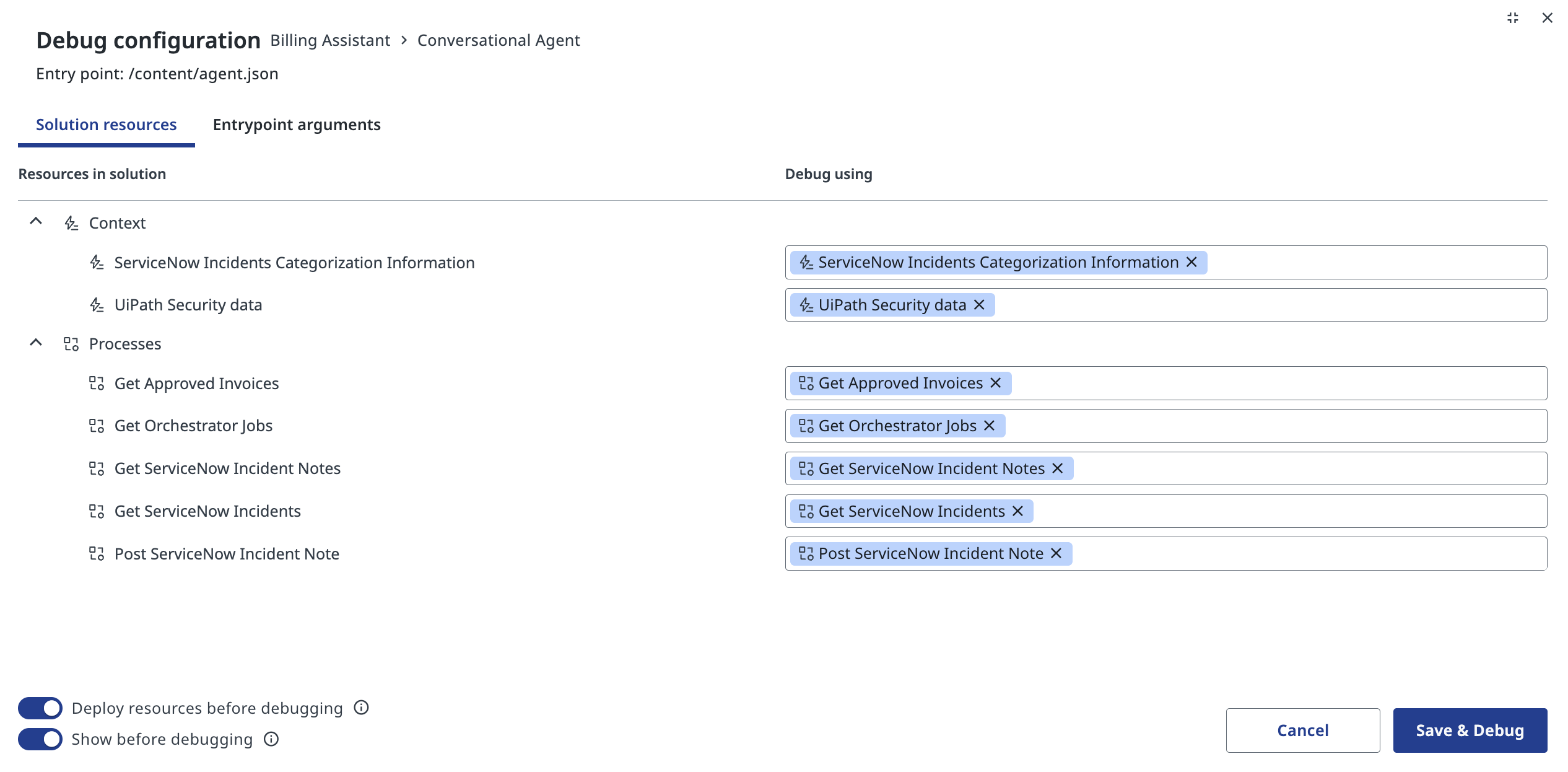 Debug configuration showing selected context sources and process tools