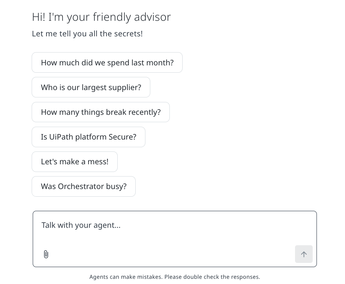 Agent chat landing page showing starting prompt chips and message input field