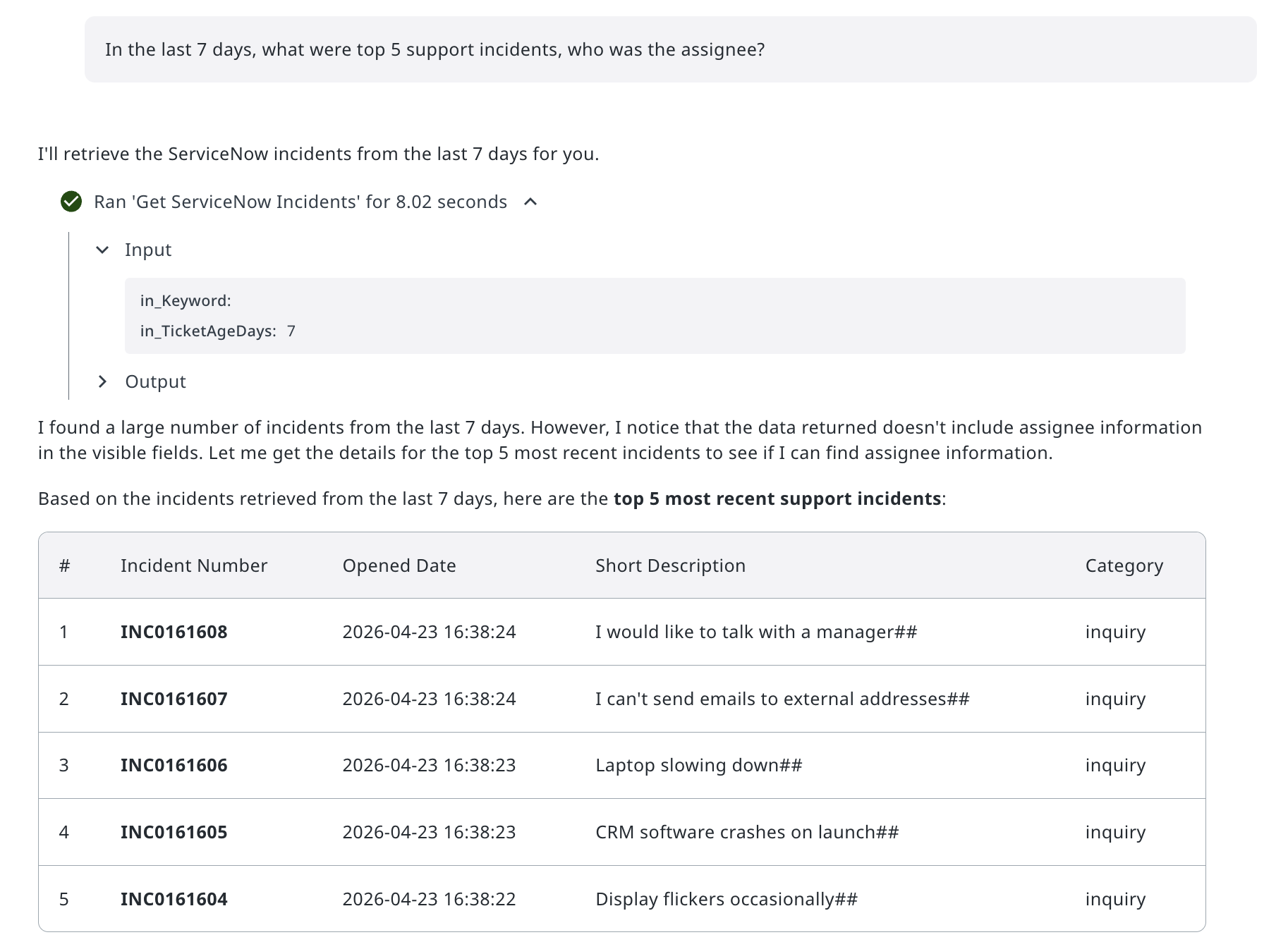 ServiceNow incidents result showing top 5 tickets with numbers, dates, and categories