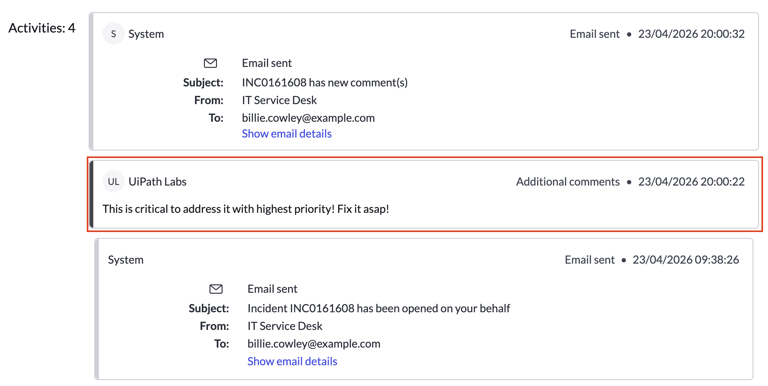 ServiceNow activity timeline highlighting the added internal note from UiPath Labs