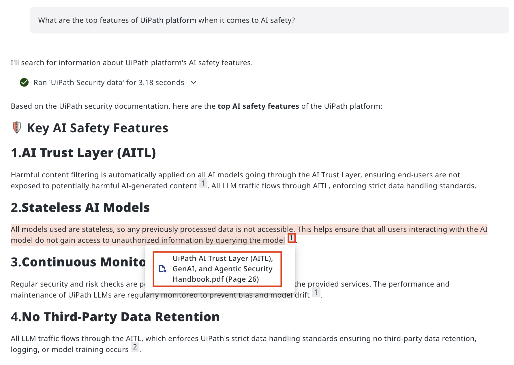 Security question response with citation popover showing document name and page number