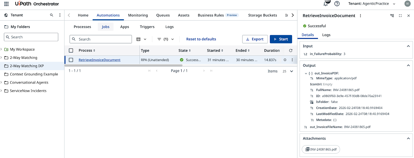 RetrieveInvoiceDocument process run in Orchestrator