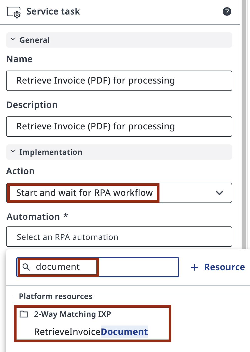 RetrieveInvoiceDocument selected from 2-Way Matching IXP folder