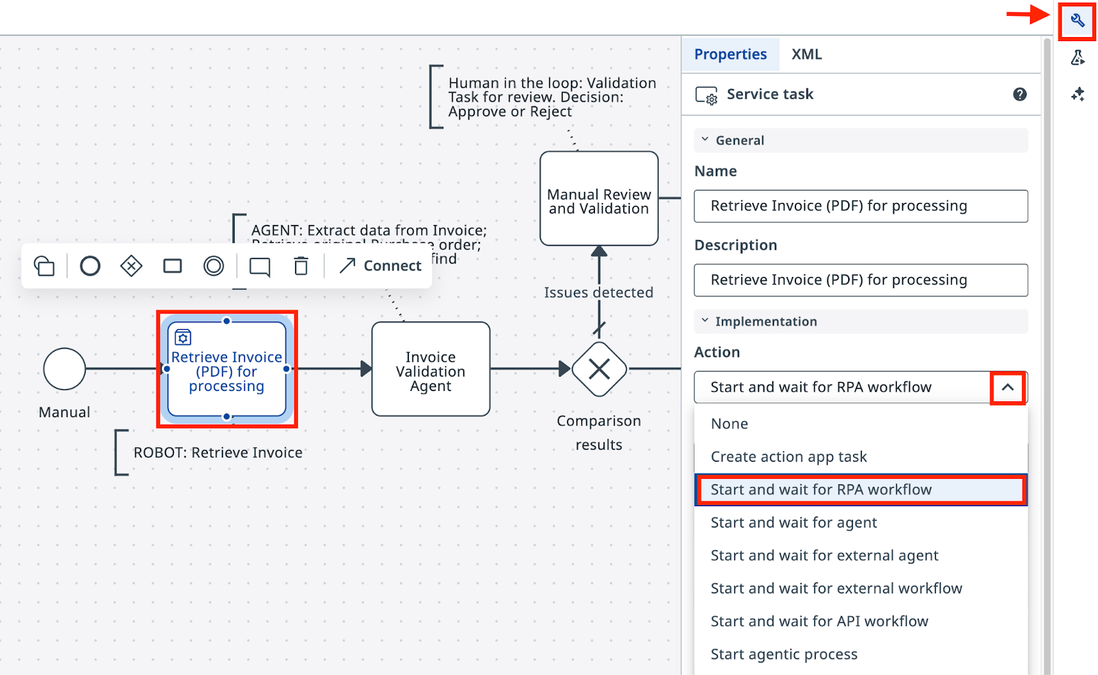 Start and wait for RPA workflow selected in task properties