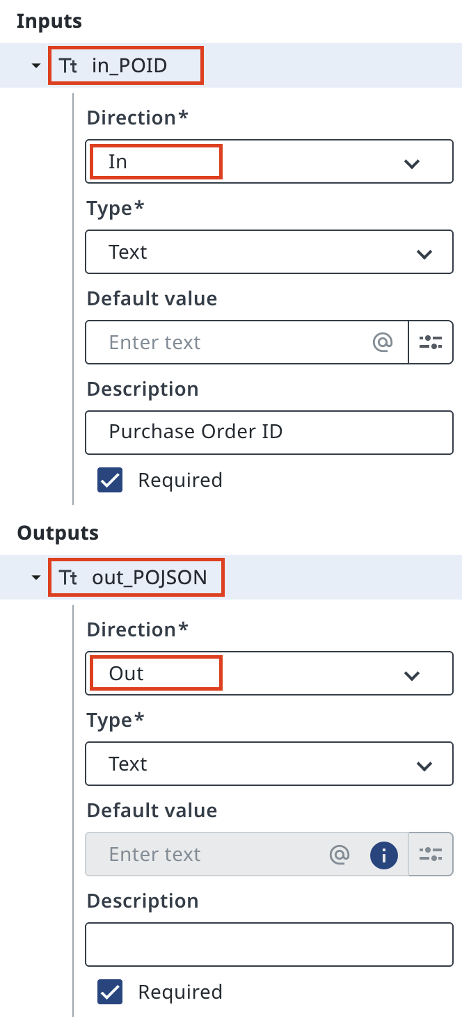 Input and output variables configured