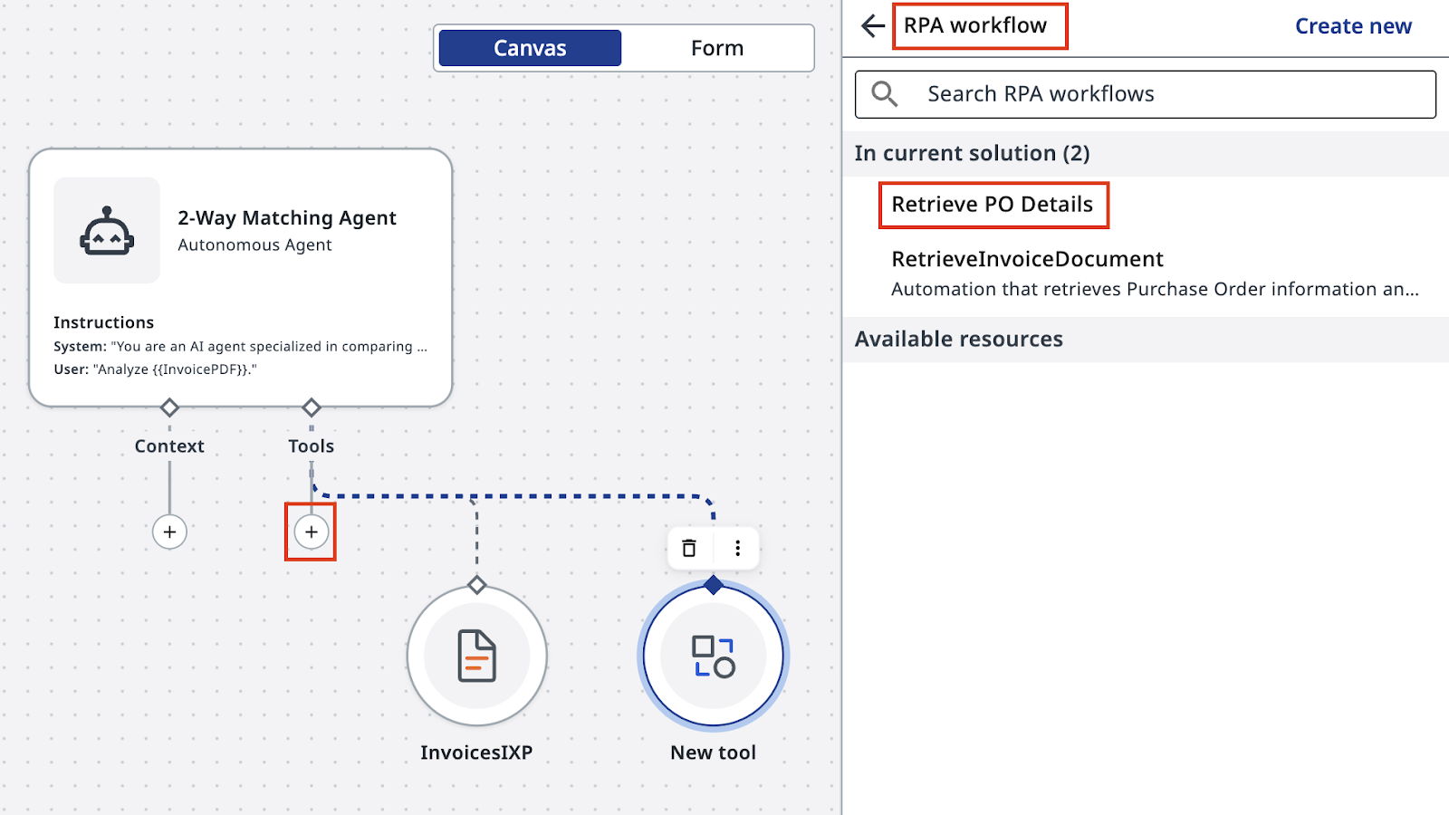 RPA workflow added as a tool