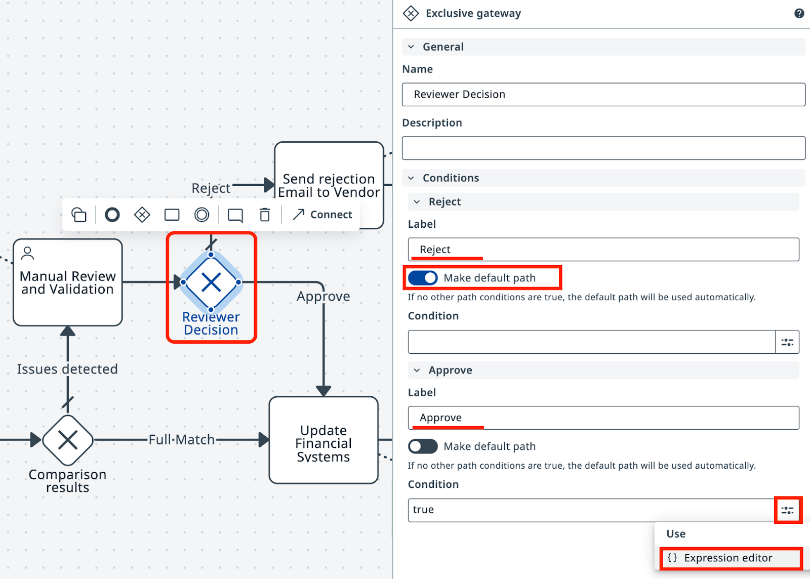 Gateway properties showing Reject and Approve paths