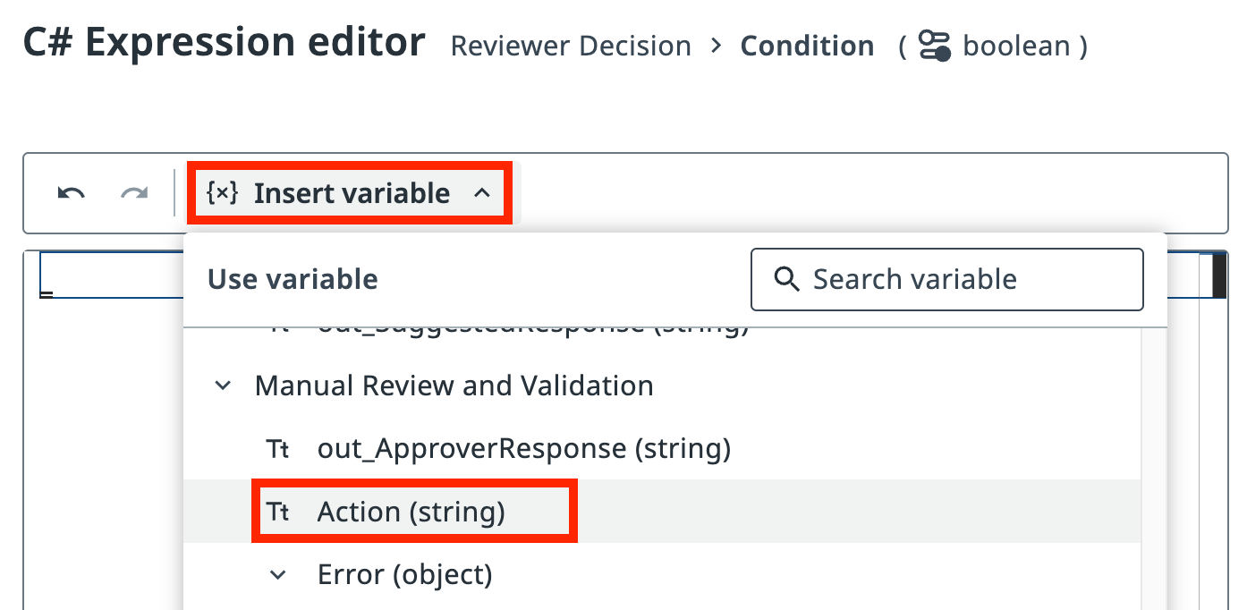 Expression editor with variable insertion menu