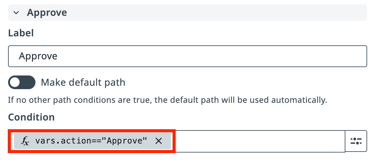 Gateway path condition showing the expression