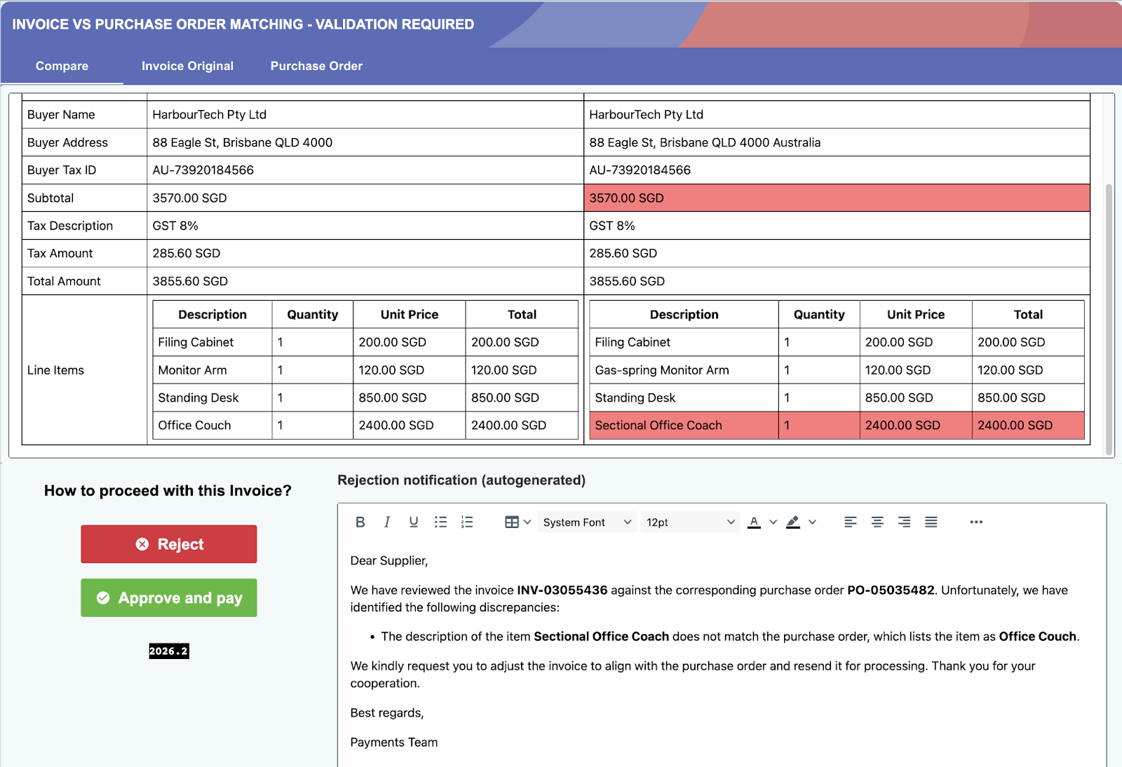 Action Center task showing the invoice validation interface