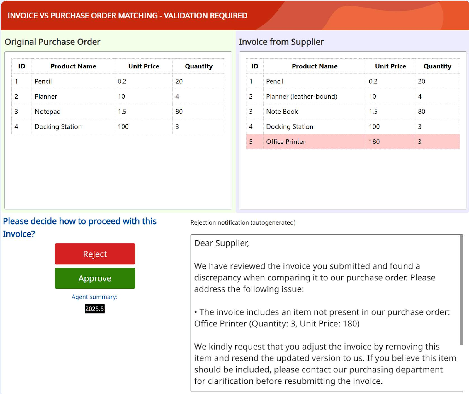 Validation app interface showing invoice and PO comparison