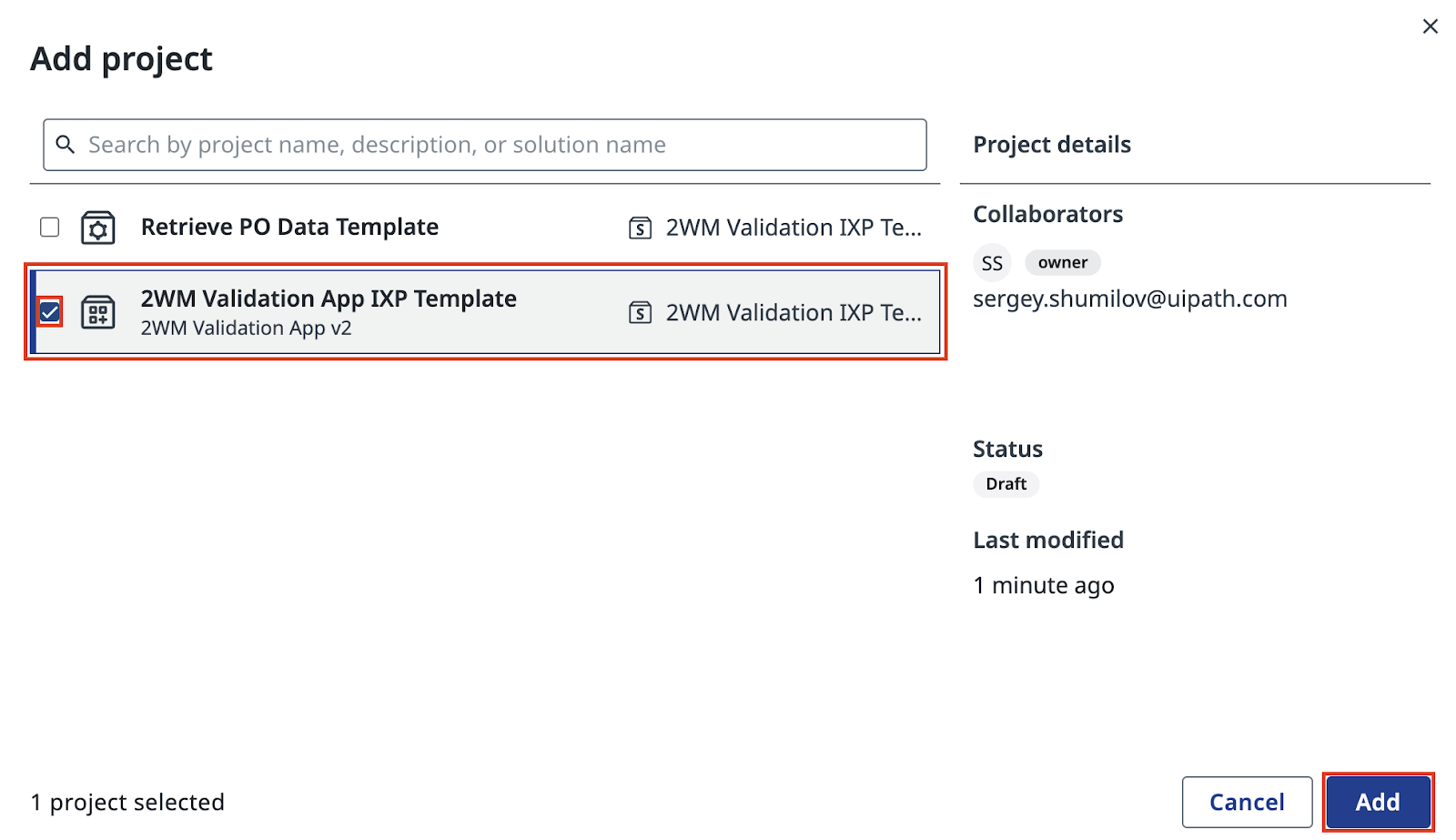Add project dialog with validation template selected
