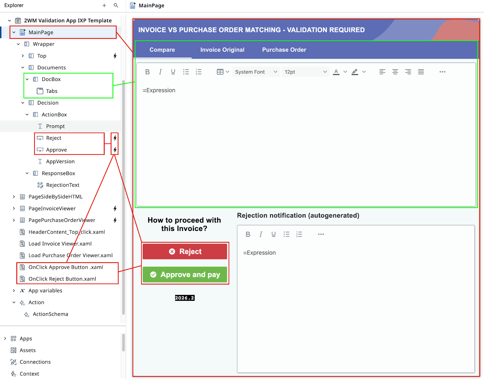 App designer showing the validation interface layout and components