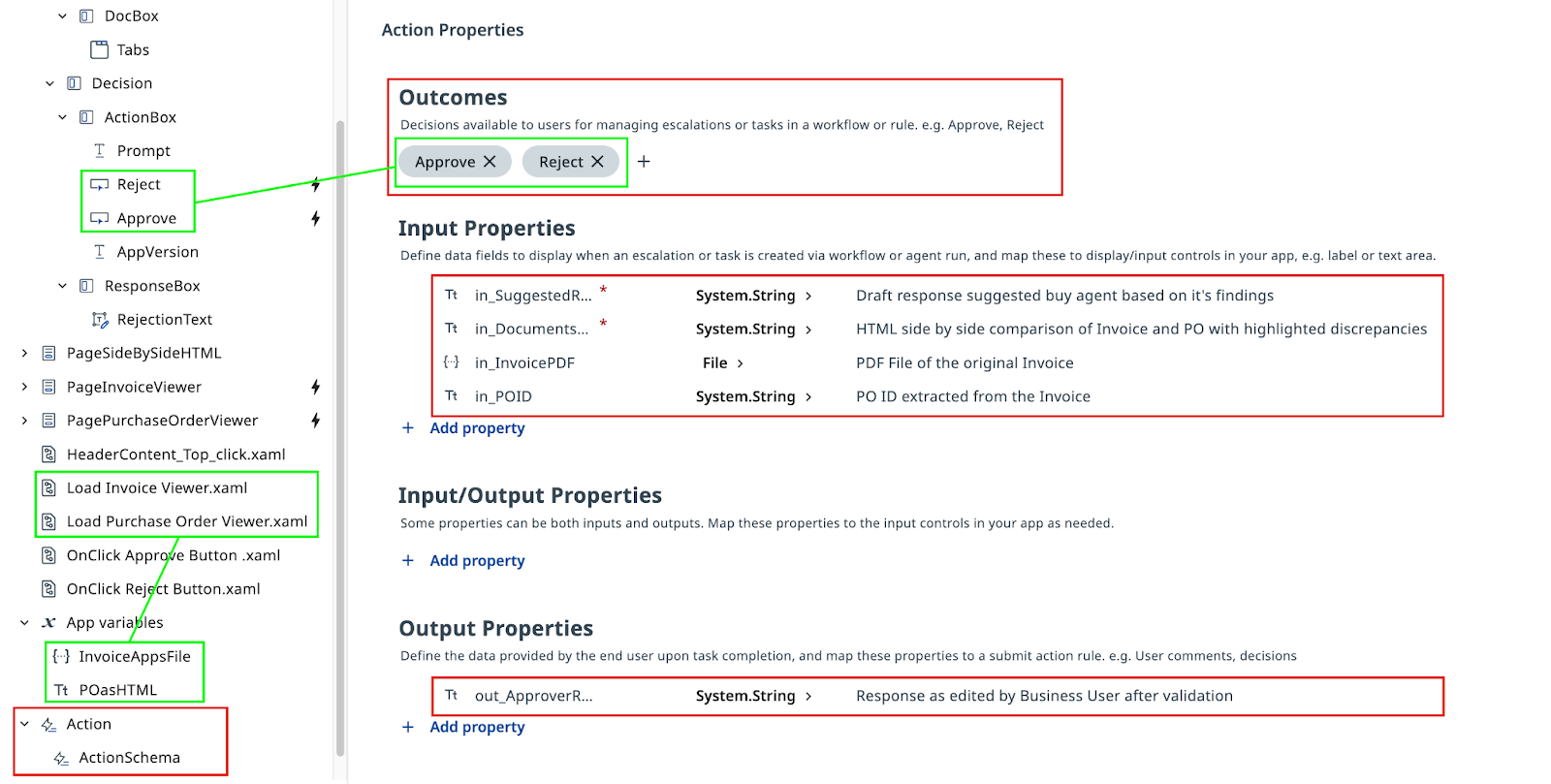 App configuration showing inputs from Agent and output decisions