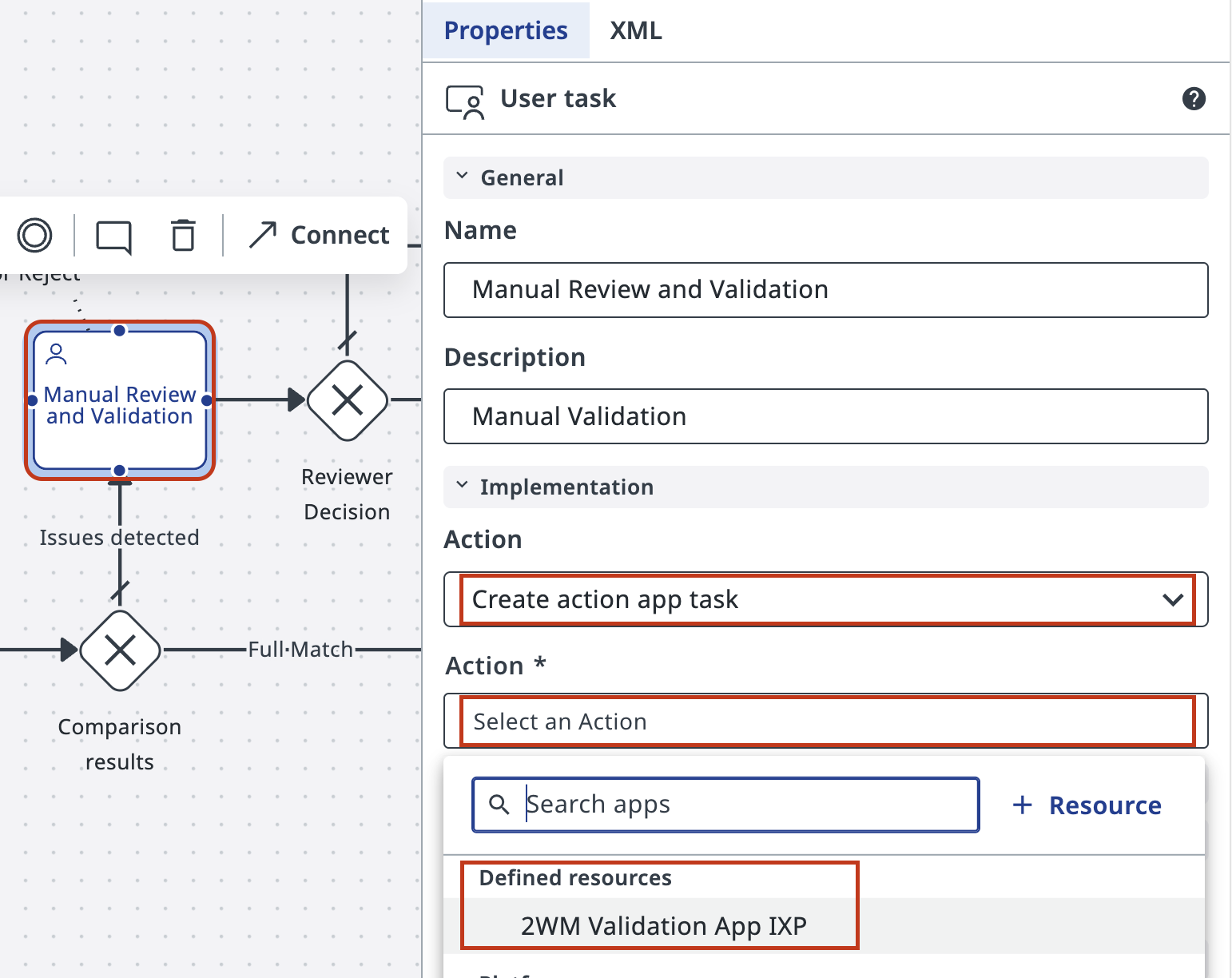 Maestro task properties with action app selection