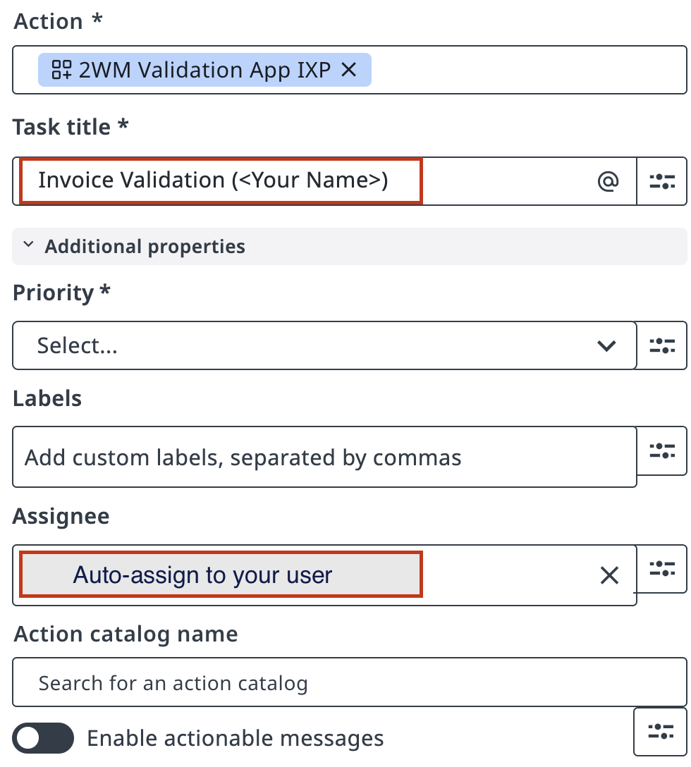 Task configuration panel with title and assignee options