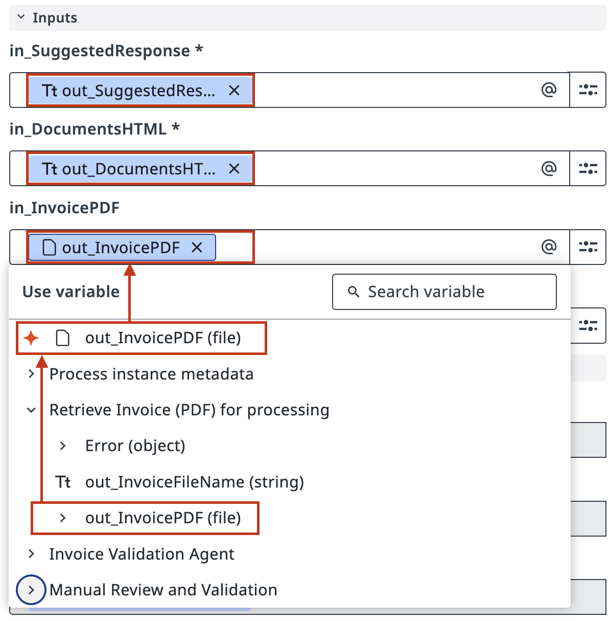 Input mapping showing agent outputs connected to app inputs