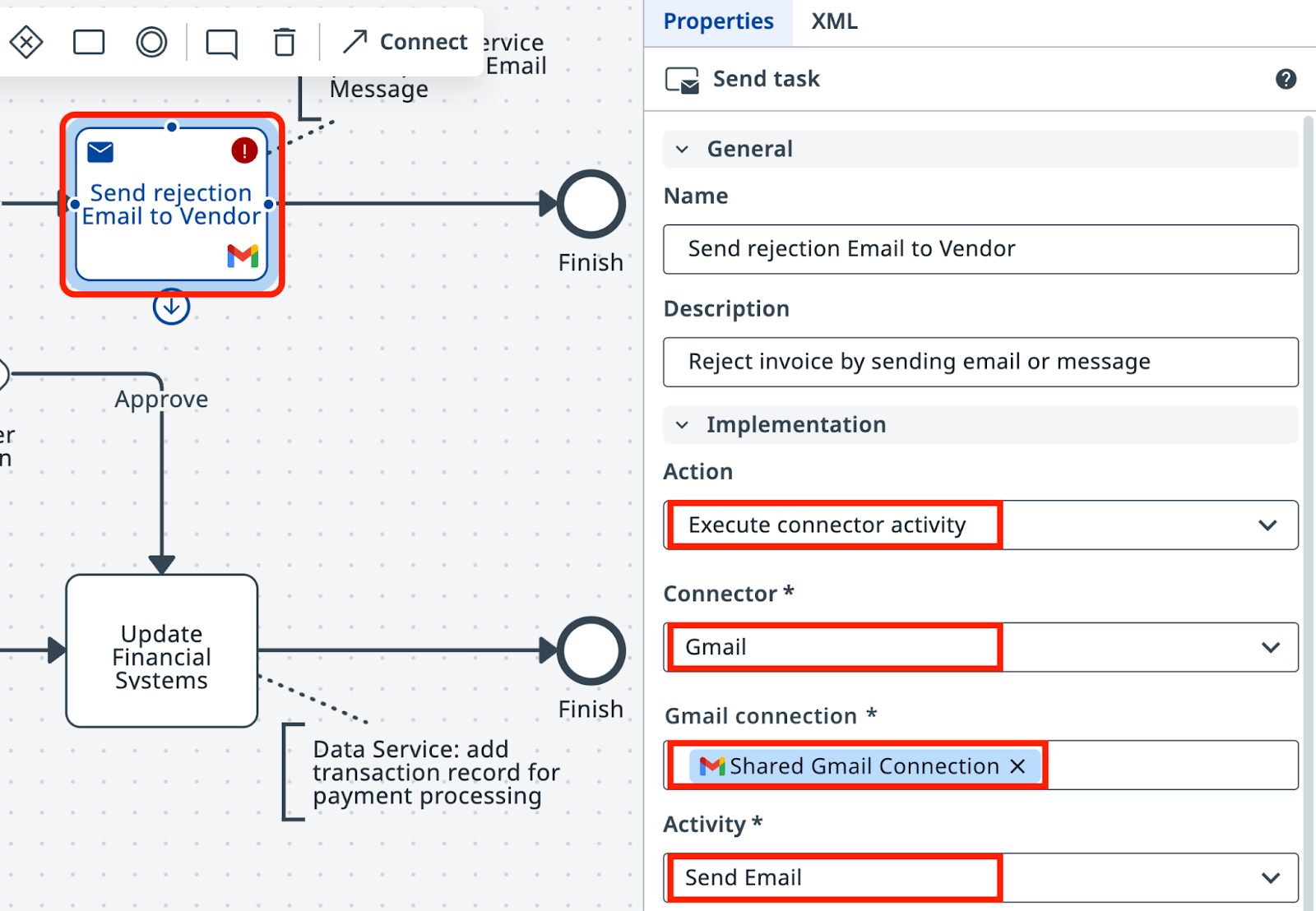 Send rejection email task configuration