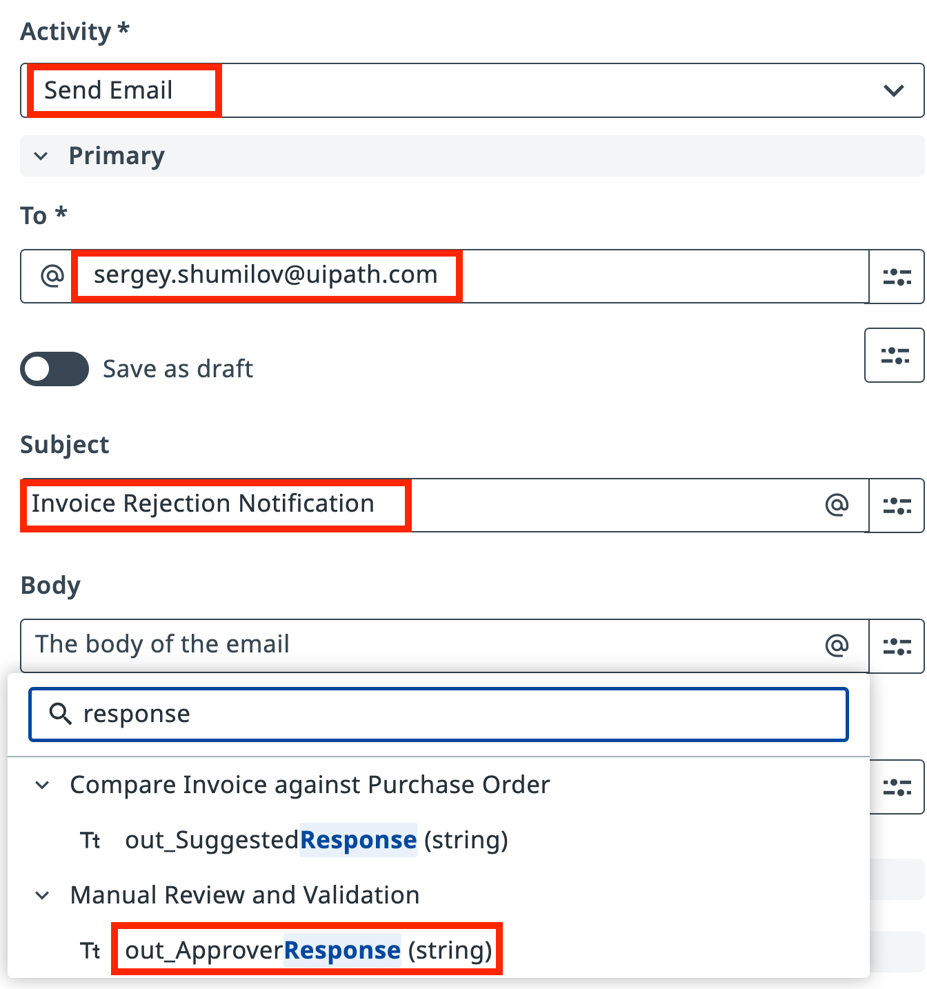 Gmail Send Email activity configuration