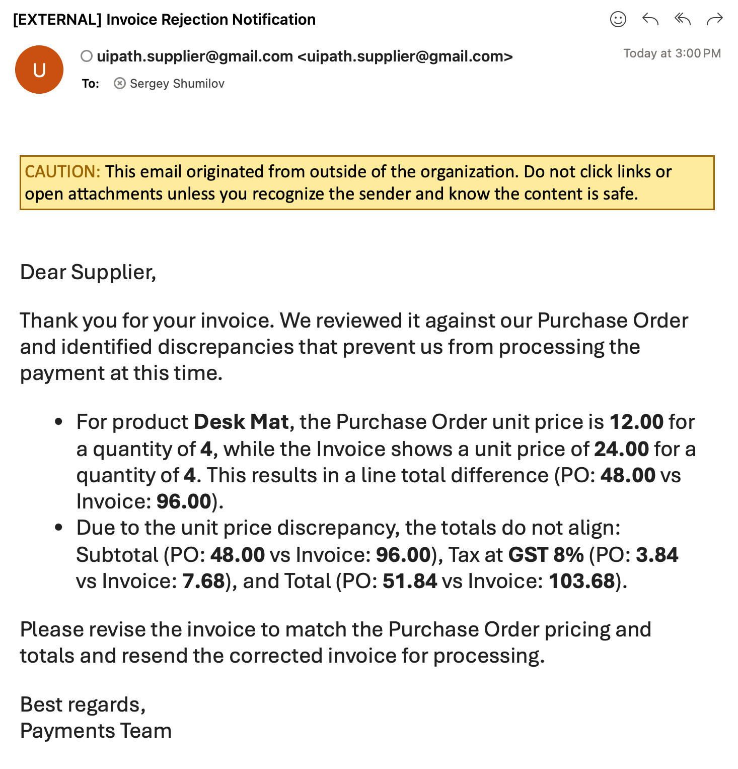 Rejection email received with generated invoice comparison