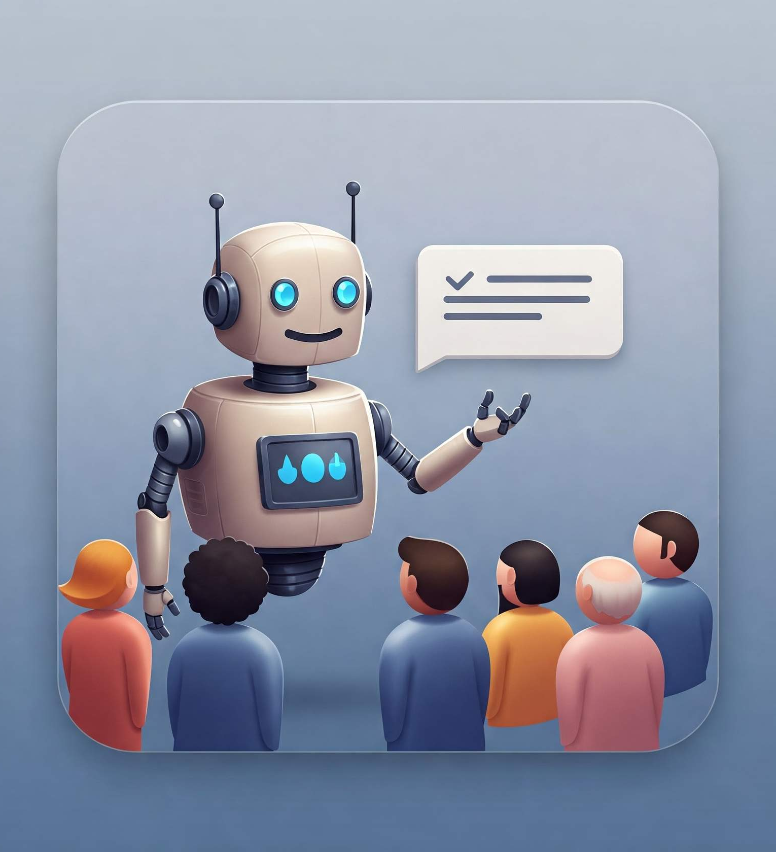 Illustration of an AI agent presenting a checklist to a group of people