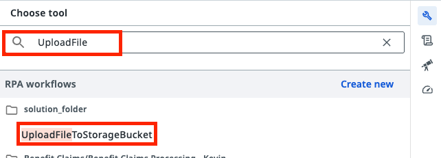 Choose tool panel with UploadFile typed in the search box and UploadFileToStorageBucket highlighted under RPA workflows in solution_folder