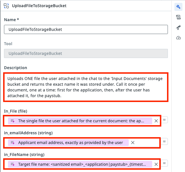 UploadFileToStorageBucket tool settings with the Description and the In_File, in_emailAddress and in_FileName argument descriptions filled in and highlighted