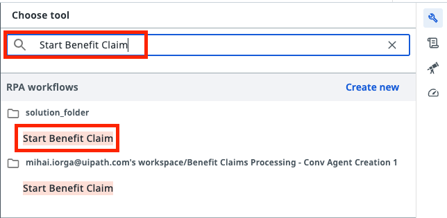 Choose tool panel with Start Benefit Claim typed in the search box and the Start Benefit Claim workflow highlighted under RPA workflows in solution_folder