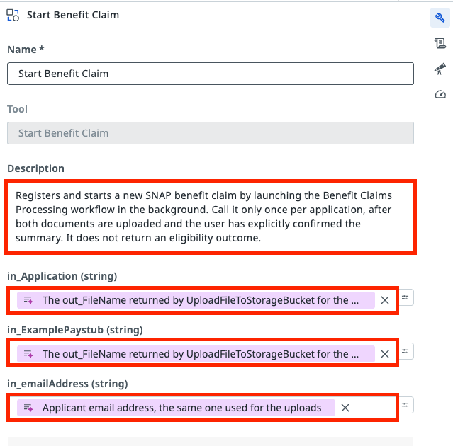 Start Benefit Claim tool settings with the Description and the in_Application, in_ExamplePaystub and in_emailAddress argument descriptions filled in and highlighted