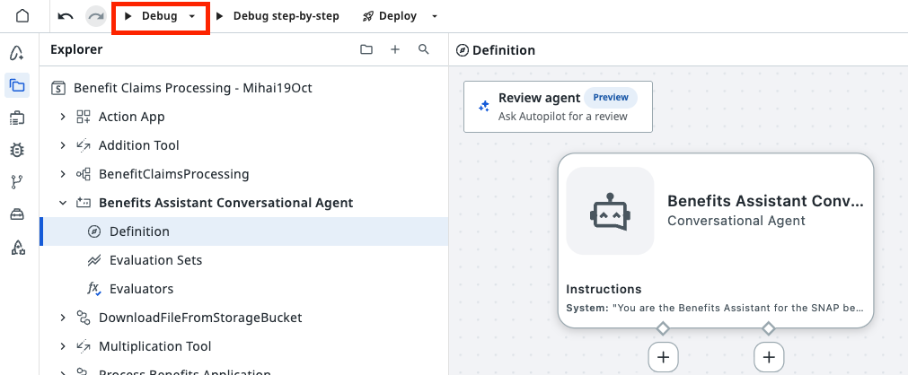 Studio Web toolbar with the Debug button highlighted, and the Benefits Assistant Conversational Agent definition open