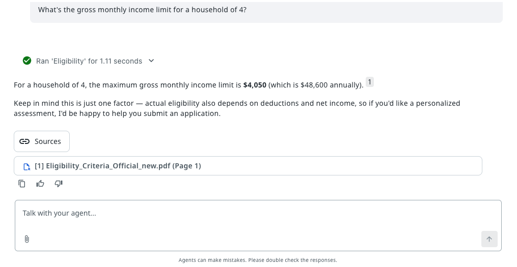 Debug chat showing the Eligibility search, the agent's answer about the gross monthly income limit and its source in the Eligibility Criteria document