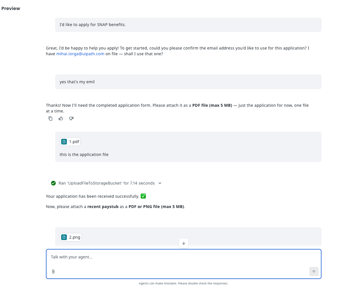 Debug chat for a new application: the email is confirmed, the application PDF is attached and uploaded with UploadFileToStorageBucket, and the paystub PNG is attached