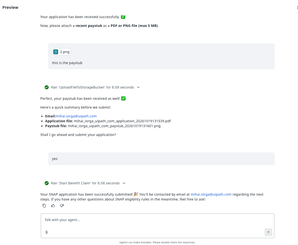 Debug chat with the paystub uploaded, the summary of the two stored file names, the yes answer, the Start Benefit Claim call and the submission confirmation