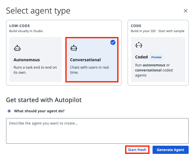 Select agent type dialog with the Conversational option selected under LOW-CODE and the Start fresh button highlighted