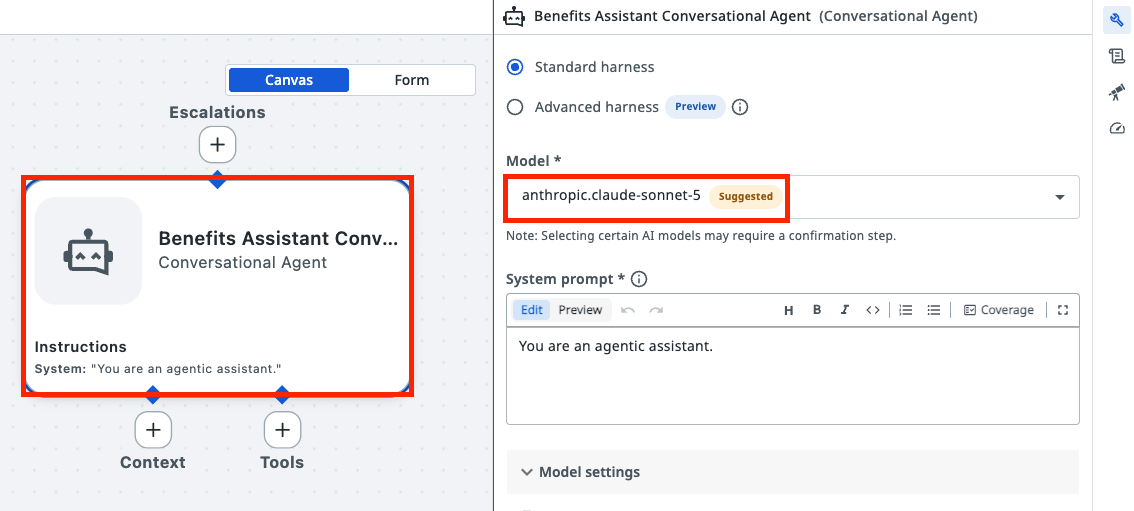 Benefits Assistant Conversational Agent selected on the canvas, with the agent settings panel showing the anthropic.claude-sonnet-5 model highlighted