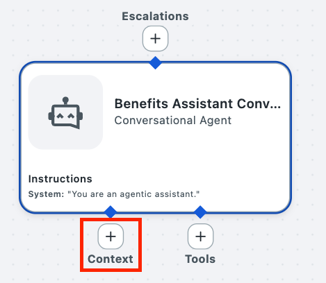 Agent canvas with the add (+) button under Context highlighted