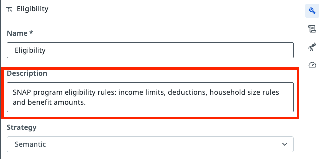 Eligibility context settings with the Description field filled in and highlighted
