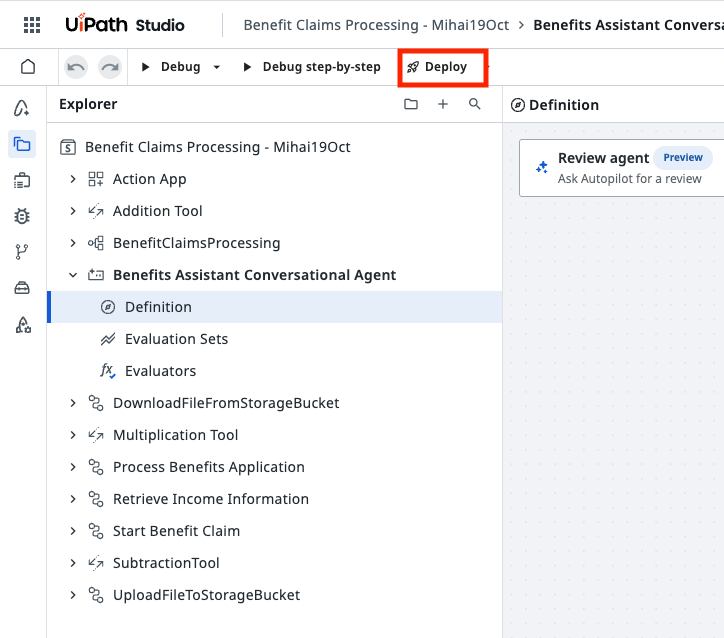 Studio Web toolbar with the Deploy button highlighted, above the Explorer of the Benefit Claims Processing solution