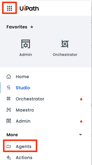 Automation Cloud product menu opened from the apps launcher, with Agents highlighted under More