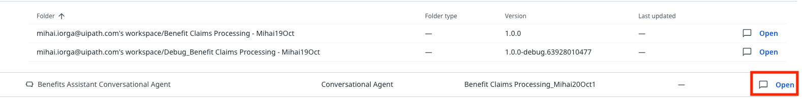 Conversational agents list with the Open button of the Benefits Assistant Conversational Agent highlighted