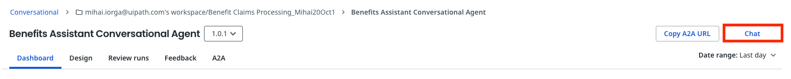 Benefits Assistant Conversational Agent page with the Chat button highlighted