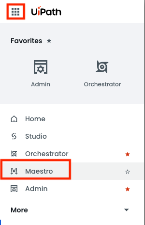 Automation Cloud product menu opened from the apps launcher, with Maestro highlighted