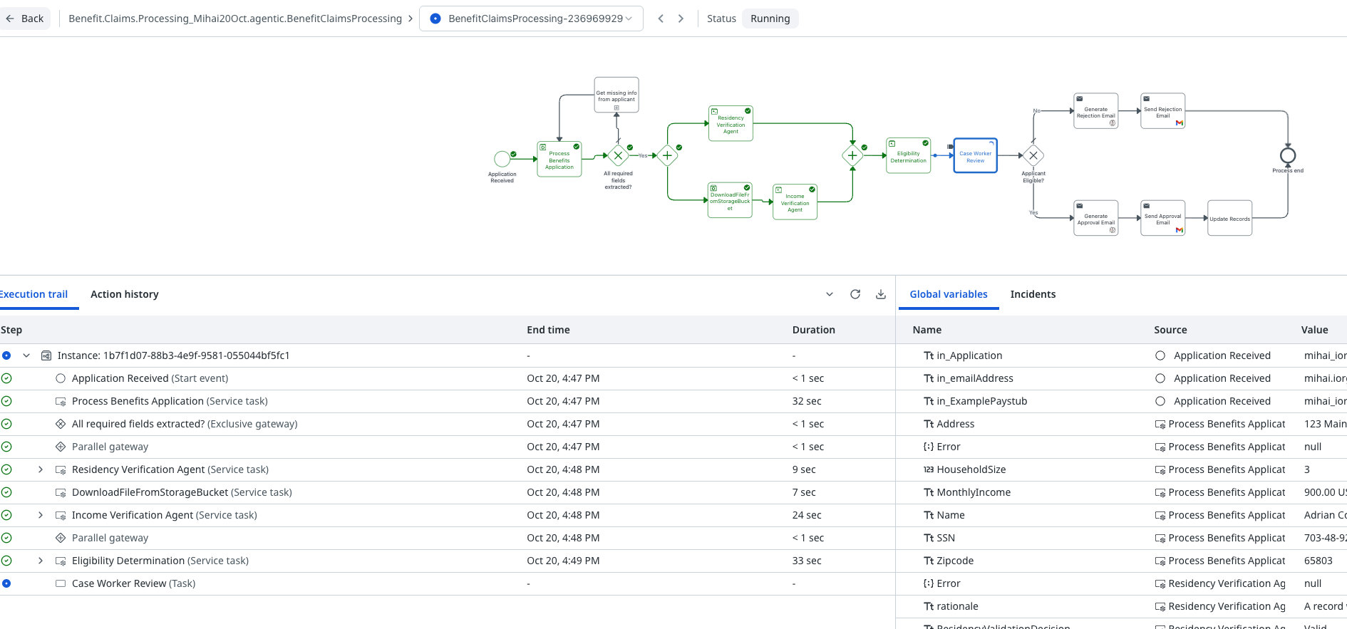 Maestro BPMN instance of BenefitClaimsProcessing in Running status, with all steps completed up to the Case Worker Review task, the execution trail and the global variables
