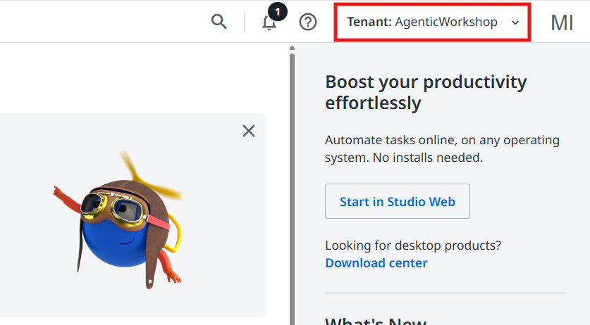 UiPath Automation Cloud home page with the tenant selector set to AgenticWorkshop